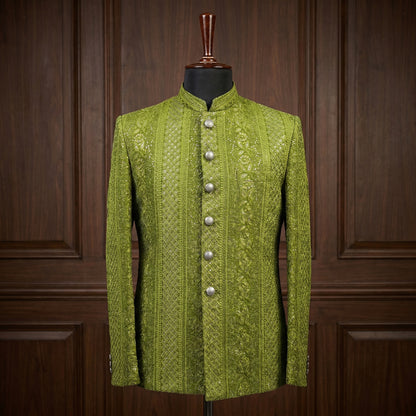 Mehndi Olive Heavy Embroidered Raw Silk Prince Coat Front View – Amin Selected Groom Wear Karachi