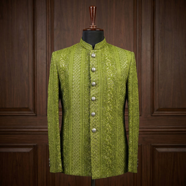 Mehndi Olive Heavy Embroidered Raw Silk Prince Coat Front View – Amin Selected Groom Wear Karachi