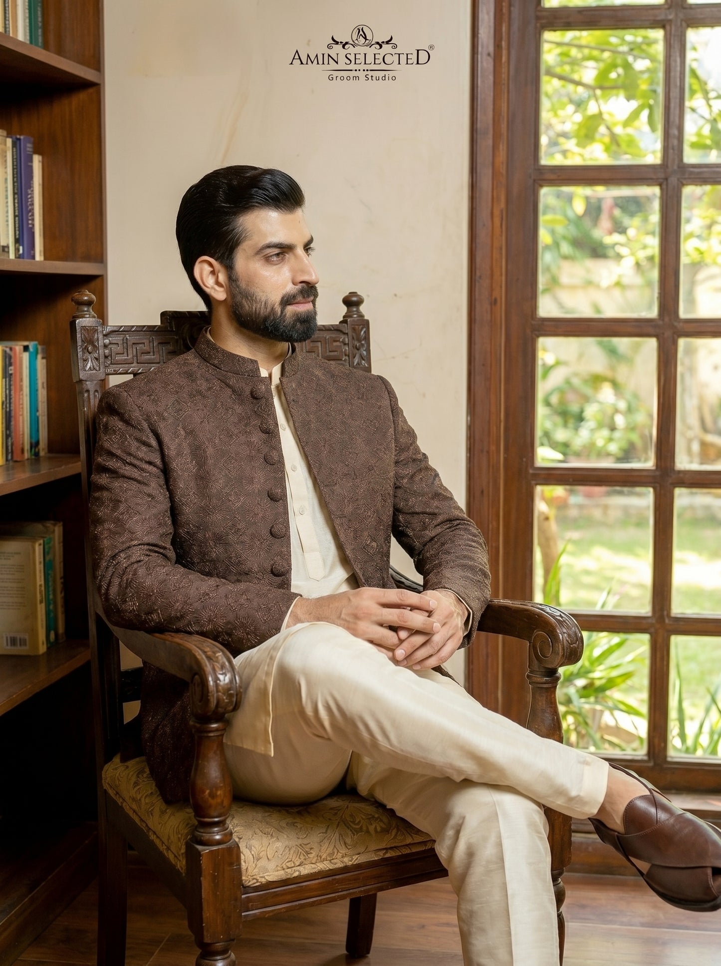 Chocolate Brown Raw Silk Starburst Embroidered Prince Coat | Barat & Walima Groom Wear | Amin Selected - Amin Selected 
