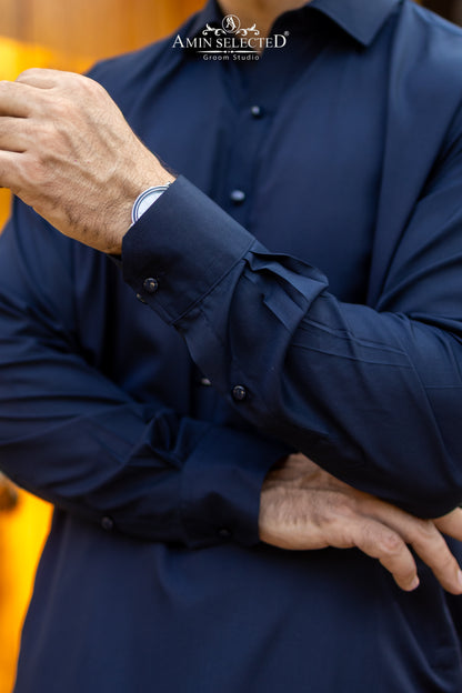 Premium Navy Blue Classic Collar Kurta Set - Amin Selected 