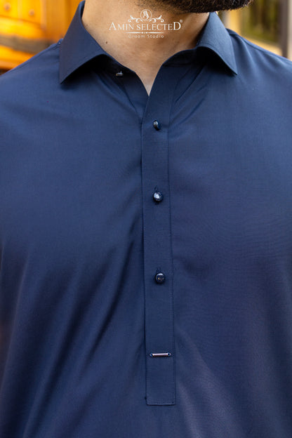 Premium Navy Blue Classic Collar Kurta Set - Amin Selected 