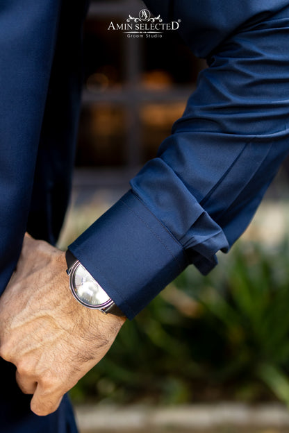 Premium Navy Blue Kurta Trouser Set with Signature Metal Accent - Amin Selected 