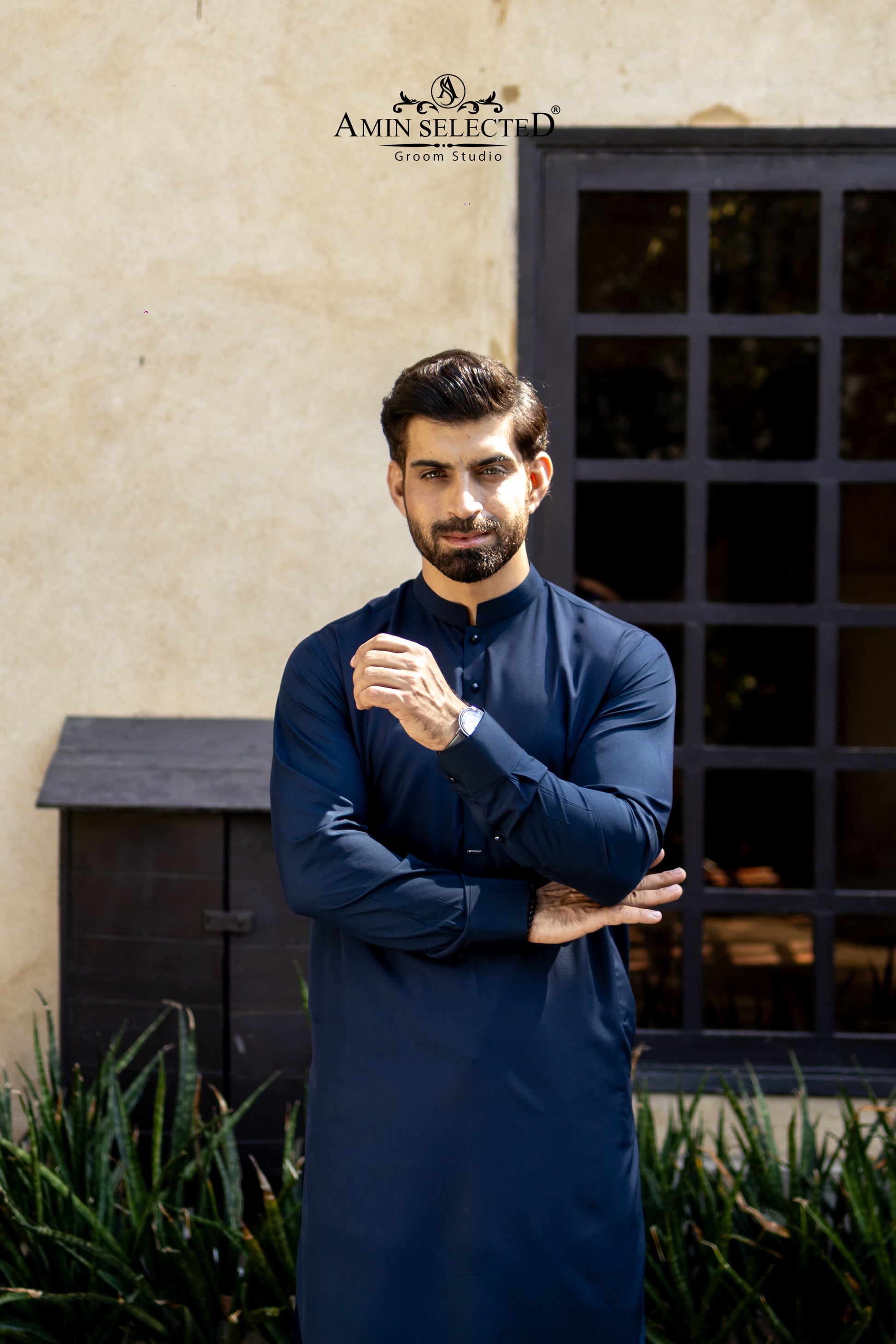 Premium Navy Blue Kurta Trouser Set with Signature Metal Accent - Amin Selected 