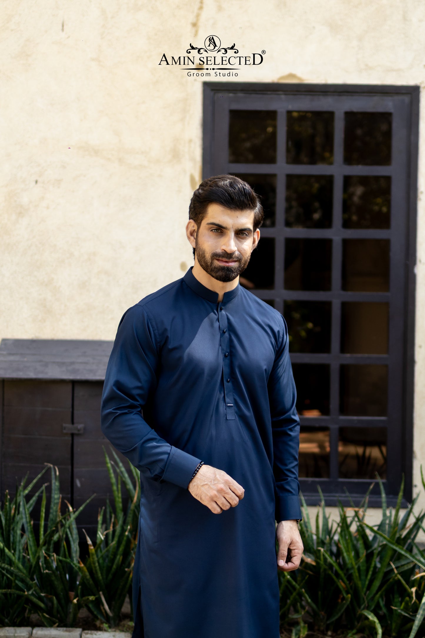 Premium Navy Blue Kurta Trouser Set with Signature Metal Accent - Amin Selected 