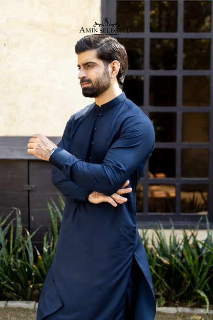 Premium Navy Blue Kurta Trouser Set with Signature Metal Accent - Amin Selected 
