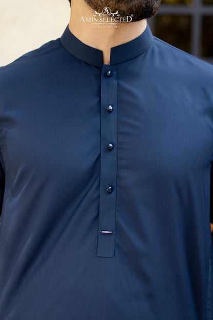 Premium Navy Blue Kurta Trouser Set with Signature Metal Accent - Amin Selected 