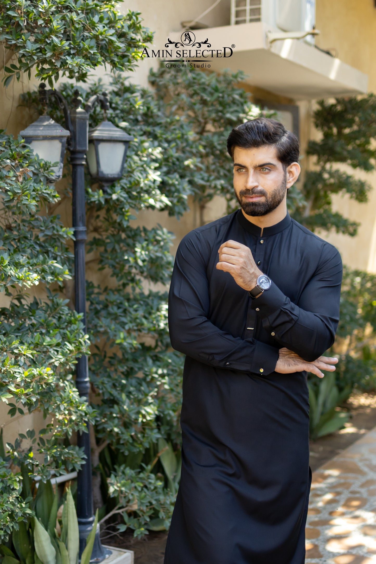Premium Midnight Black Kurta Trouser Set with Signature Accent - Amin Selected 