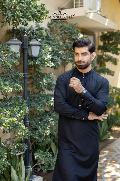 Premium Midnight Black Kurta Trouser Set with Signature Accent - Amin Selected 
