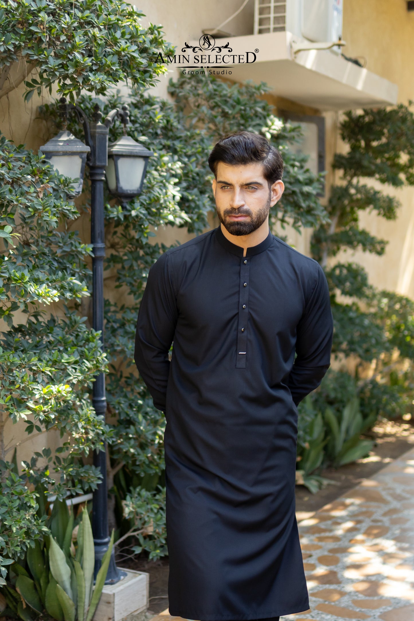 Premium Midnight Black Kurta Trouser Set with Signature Accent - Amin Selected 