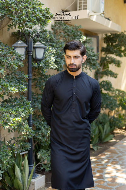 Premium Midnight Black Kurta Trouser Set with Signature Accent - Amin Selected 