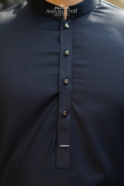 Premium Midnight Black Kurta Trouser Set with Signature Accent - Amin Selected 