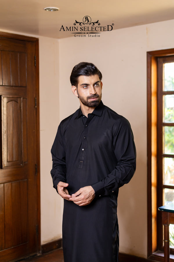 Premium Midnight Black Classic Collar Kurta Set - Amin Selected 
