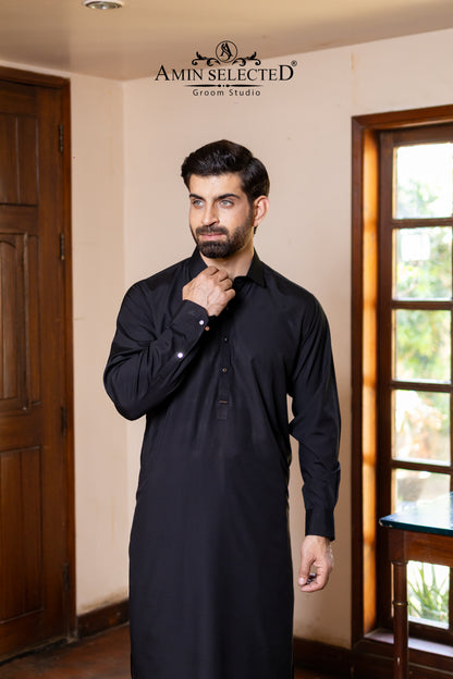 Premium Midnight Black Classic Collar Kurta Set - Amin Selected 