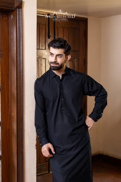 Premium Midnight Black Classic Collar Kurta Set - Amin Selected 