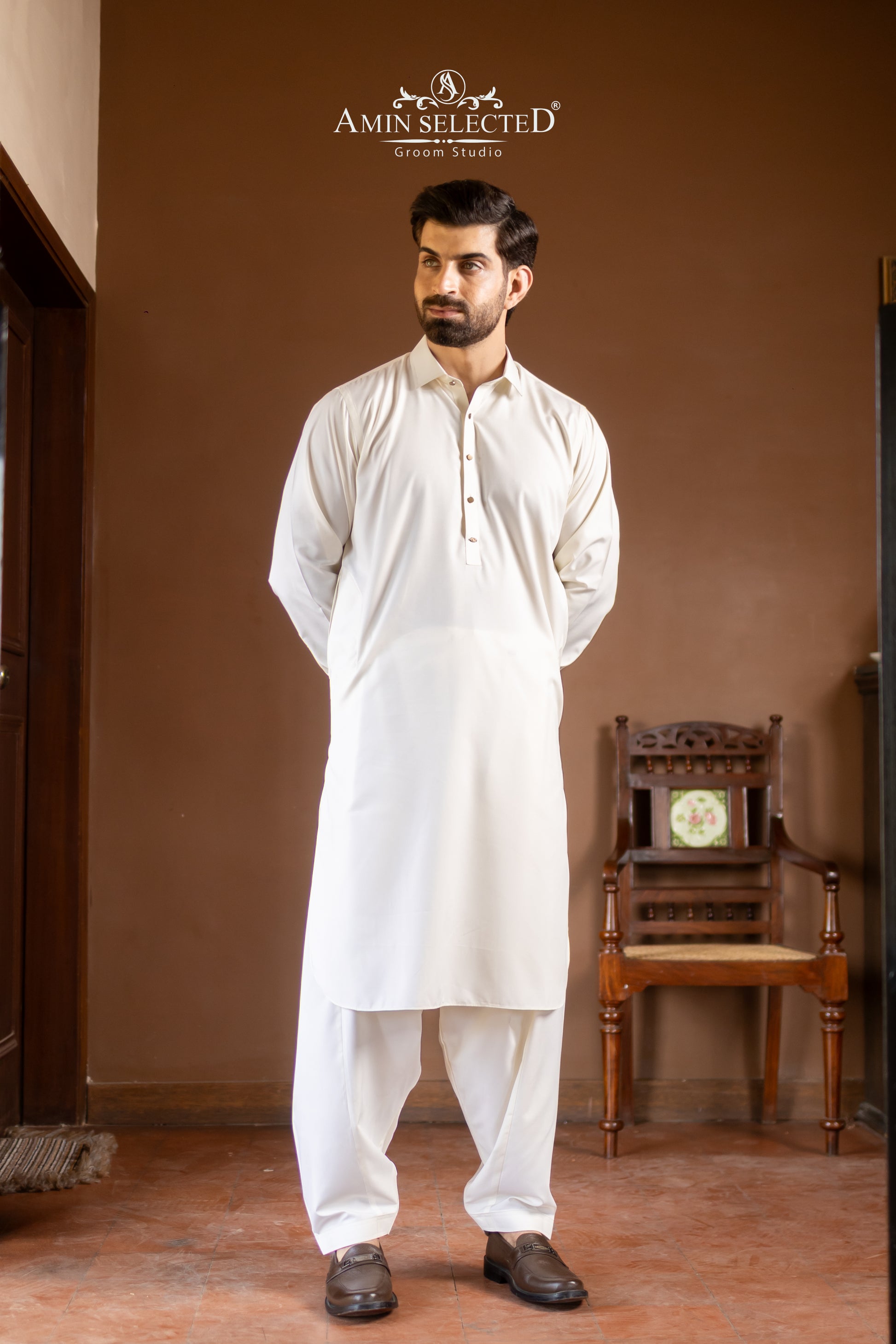 Premium Ivory Classic Collar Kurta Shalwar Set - Amin Selected 