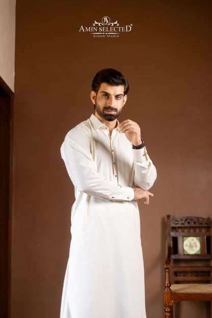 Premium Ivory Classic Collar Kurta Shalwar Set - Amin Selected 