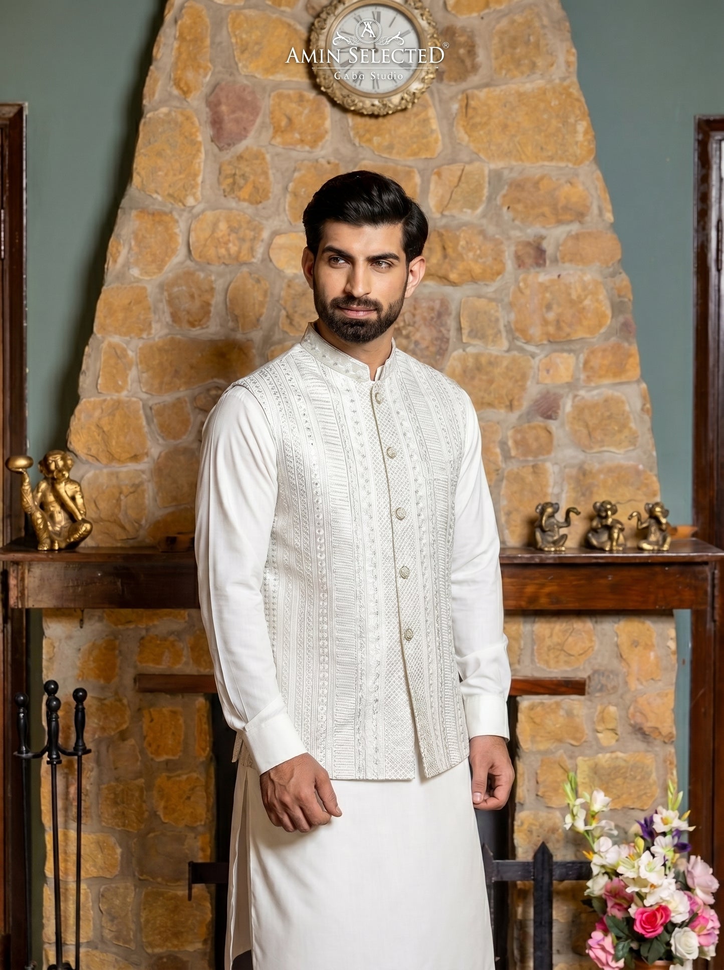 Pure White Raw Silk Striped Panel Embroidered Waistcoat Front View – Walima Nikkah Groom Wear Amin Selected Karachi