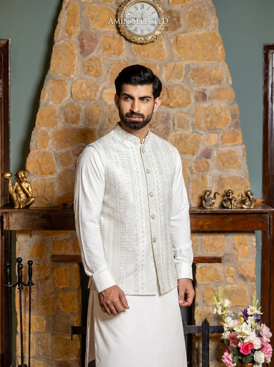 Pure White Raw Silk Striped Panel Embroidered Waistcoat Front View – Walima Nikkah Groom Wear Amin Selected Karachi