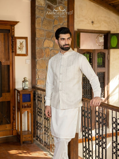 Pure White Raw Silk Striped Panel Embroidered Waistcoat | Walima & Nikkah Groom Wear | Amin Selected