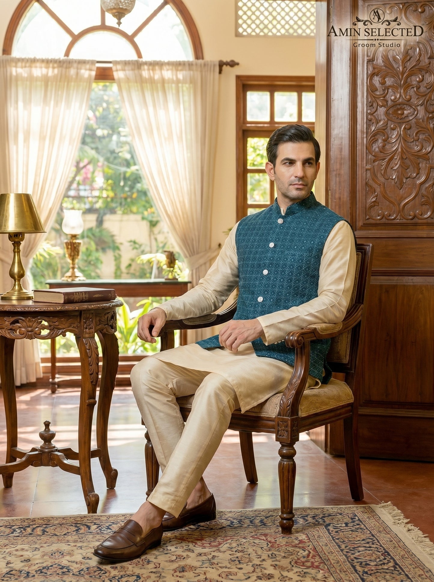 Steel Blue Raw Silk Diamond Booti Embroidered Waistcoat with Crystal Studs | Mehndi & Nikkah Groom Wear | Amin Selected