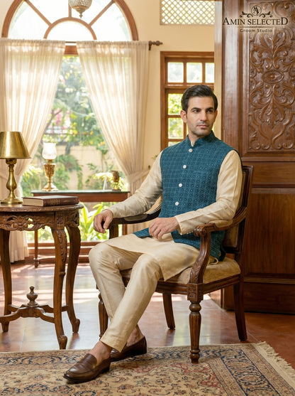 Steel Blue Raw Silk Diamond Booti Embroidered Waistcoat with Crystal Studs | Mehndi & Nikkah Groom Wear | Amin Selected