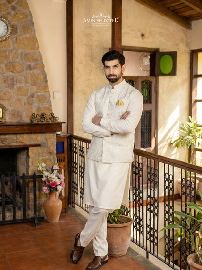 Ivory Raw Silk Panel Embroidered Waistcoat with Mughal Arch Motifs | Walima & Nikkah Groom Wear | Amin Selected