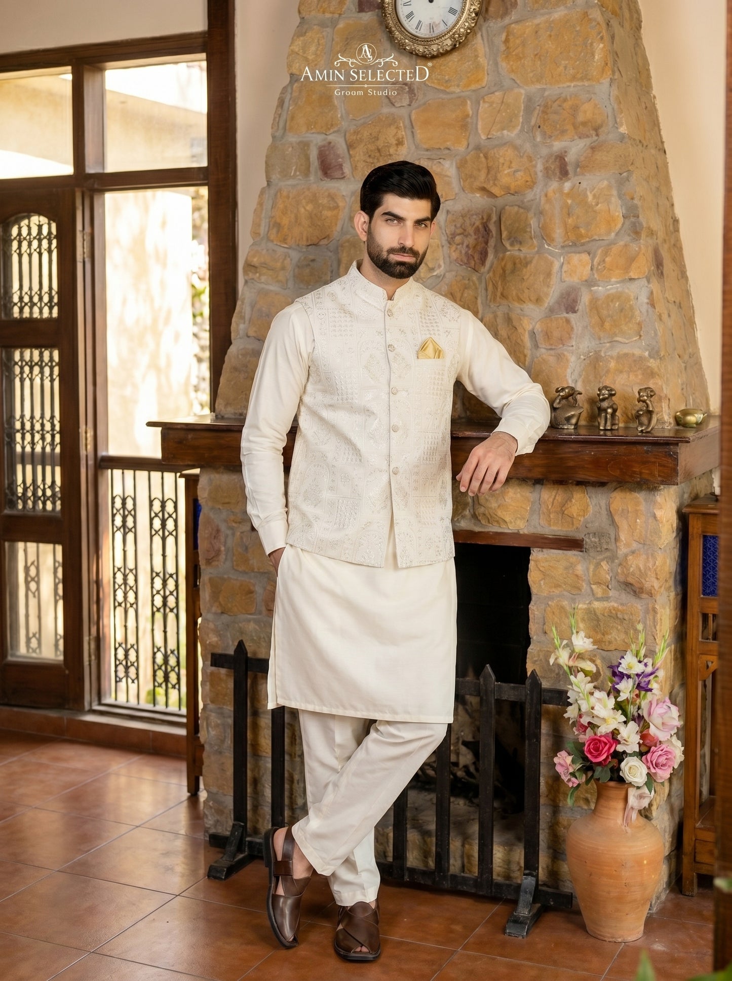Ivory Raw Silk Panel Embroidered Waistcoat with Mughal Arch Motifs | Walima & Nikkah Groom Wear | Amin Selected
