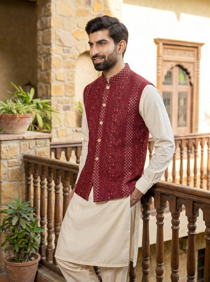 Maroon Raw Silk Silver Sequin Striped Embroidered Waistcoat | Barat & Reception Groom Wear | Amin Selected