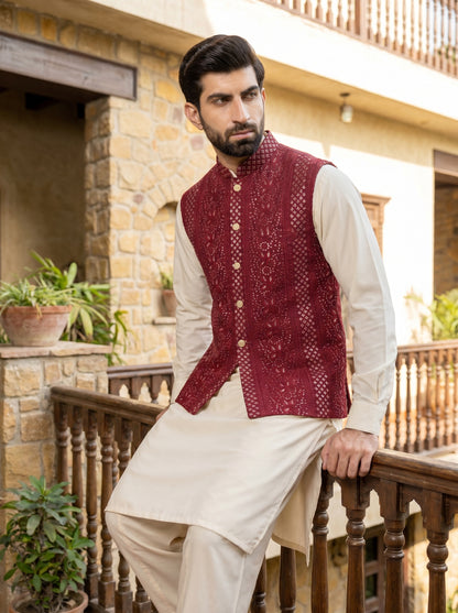 Maroon Raw Silk Silver Sequin Striped Embroidered Waistcoat | Barat & Reception Groom Wear | Amin Selected