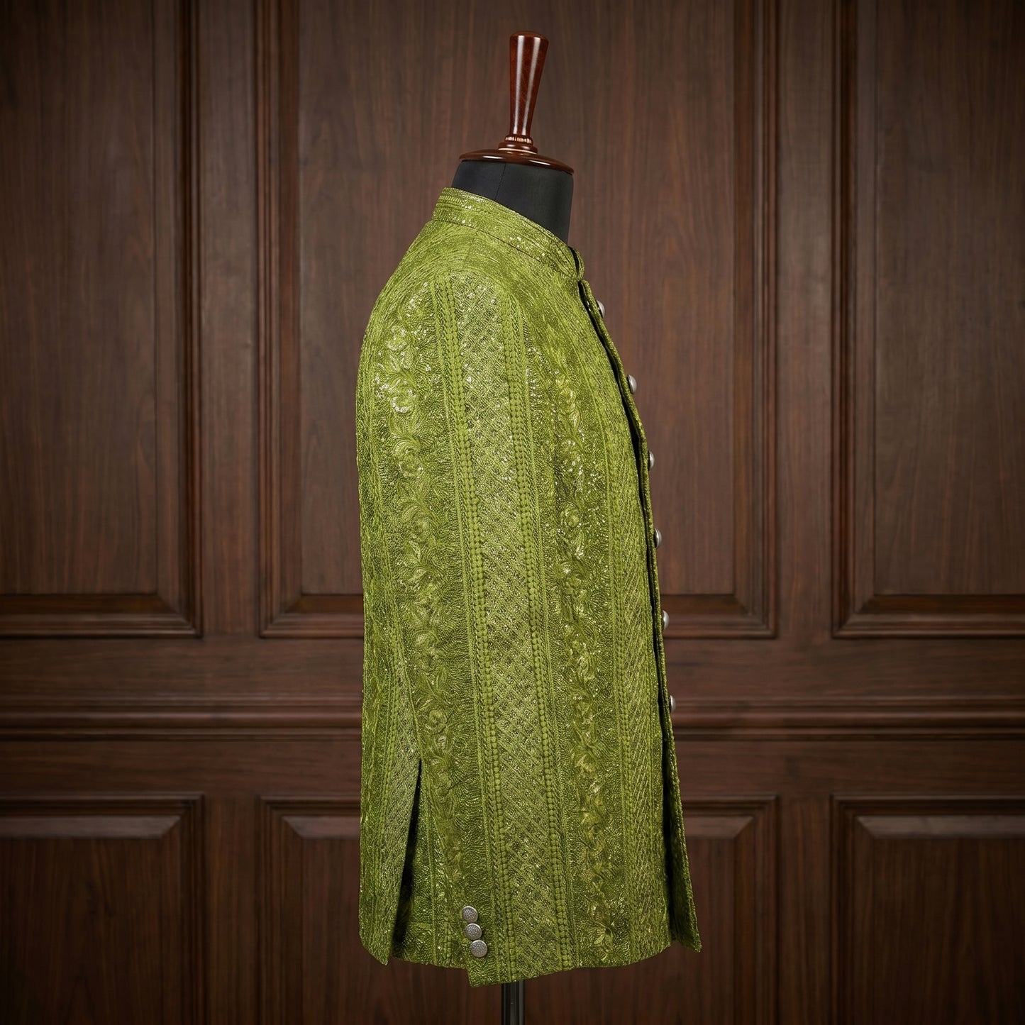 Mehndi Olive Embroidered Prince Coat Side View – Barat Mehndi Groom Outfit Pakistan
