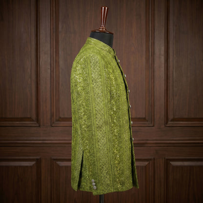 Mehndi Olive Embroidered Prince Coat Side View – Barat Mehndi Groom Outfit Pakistan