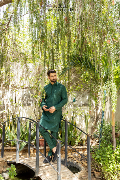 AK 04 BOTTLE GREEN EMBROIDERED KURTA PAJAMA - Amin Selected 