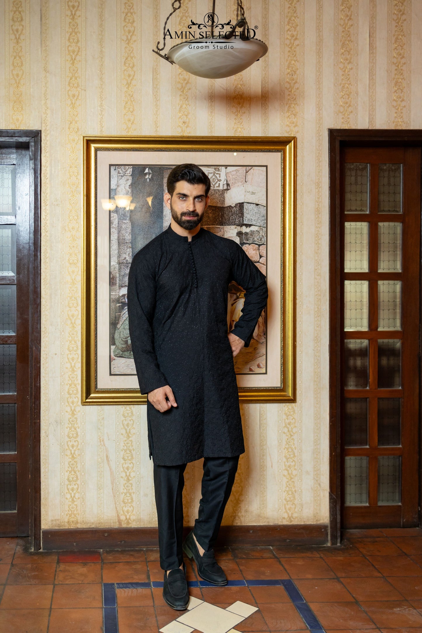GH 02 BLACK EMBROIDERED KURTA PAJAMA - Amin Selected 