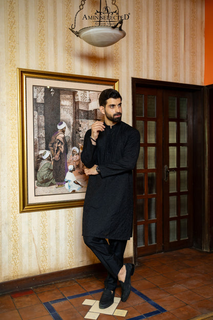 GH 02 BLACK EMBROIDERED KURTA PAJAMA - Amin Selected 