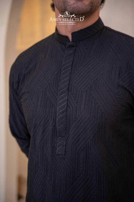 Black Embroidered Kurta Pajama - Amin Selected 