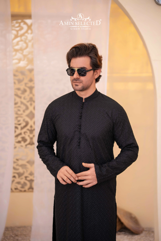 Black ChikanKari Kurta Pajama - Amin Selected 