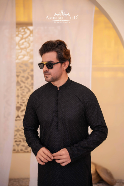 Black ChikanKari Kurta Pajama - Amin Selected 