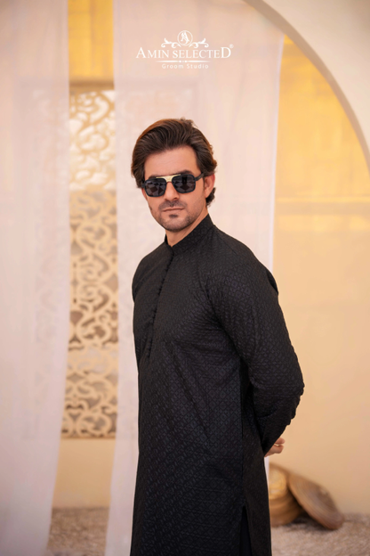 Black ChikanKari Kurta Pajama - Amin Selected 