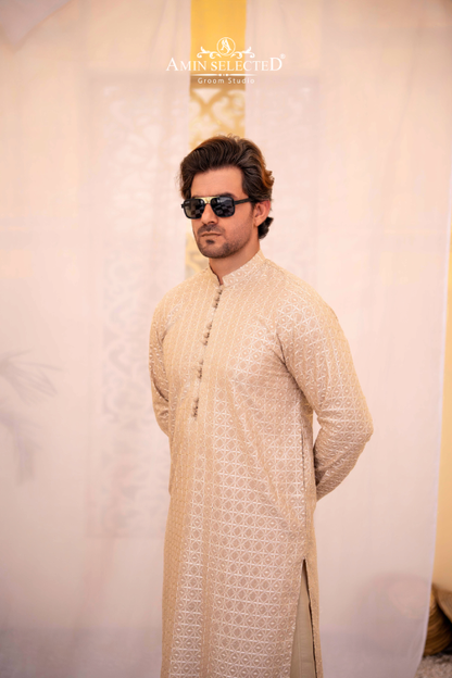Beige Embroidered Kurta Pajama - Amin Selected 