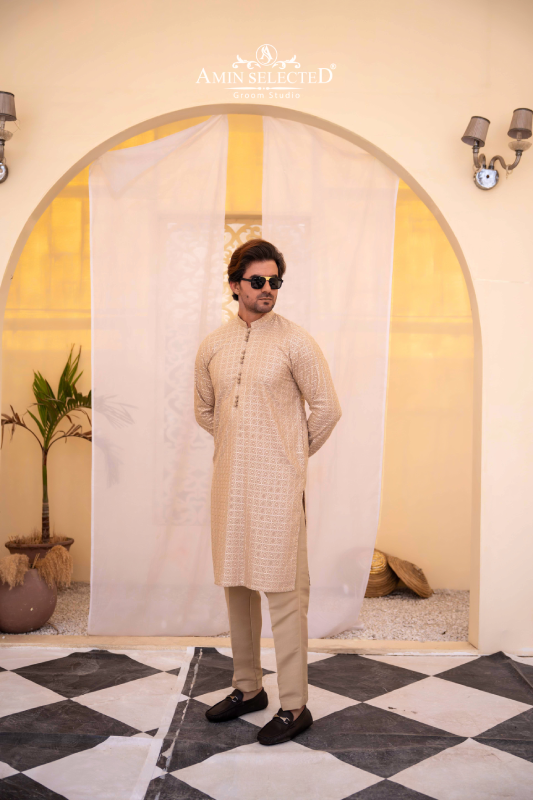 Beige Embroidered Kurta Pajama - Amin Selected 