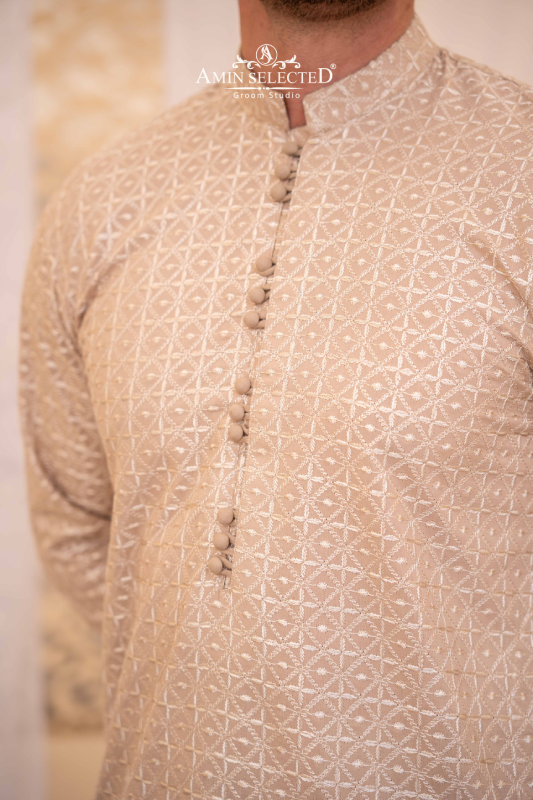 Beige Embroidered Kurta Pajama - Amin Selected 