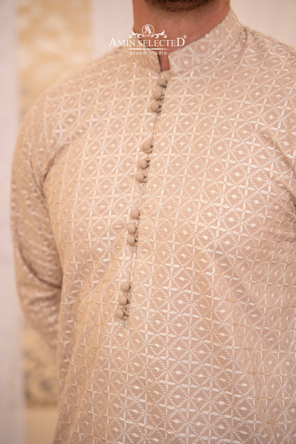 Beige Embroidered Kurta Pajama - Amin Selected 