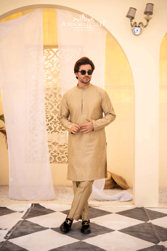 Camel Cotton Embroidered Kurta Pajama - Amin Selected 