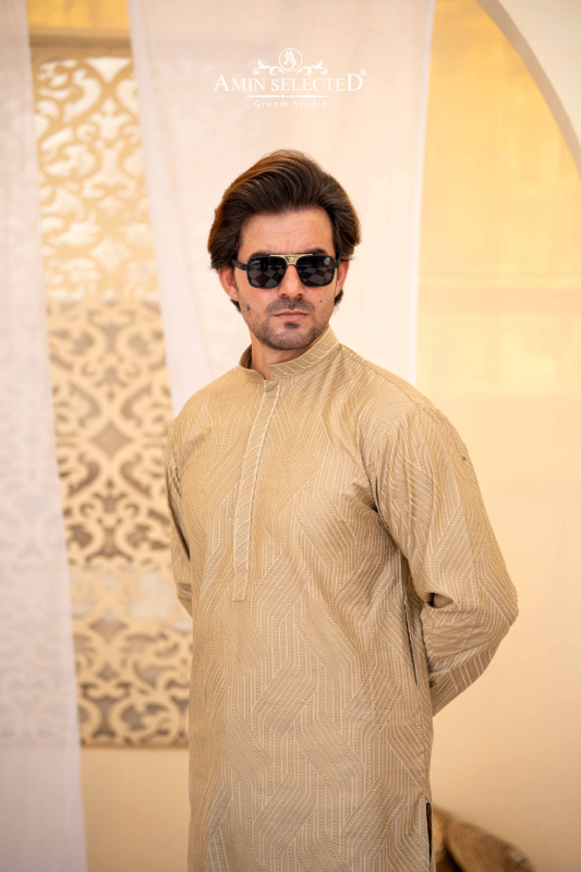 Camel Cotton Embroidered Kurta Pajama - Amin Selected 