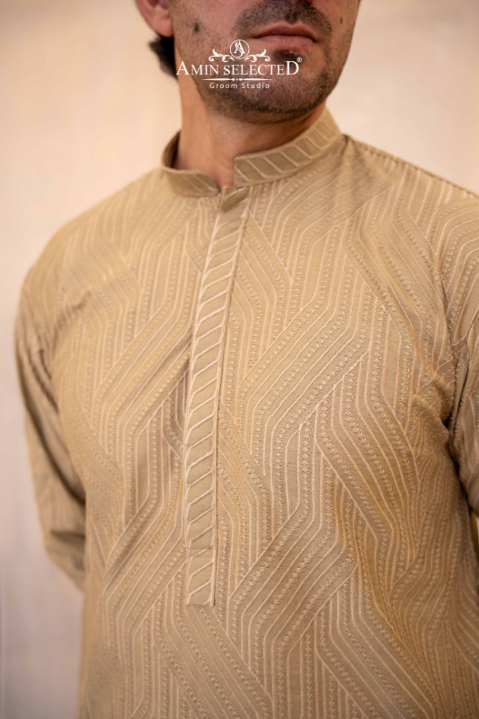 Camel Cotton Embroidered Kurta Pajama - Amin Selected 