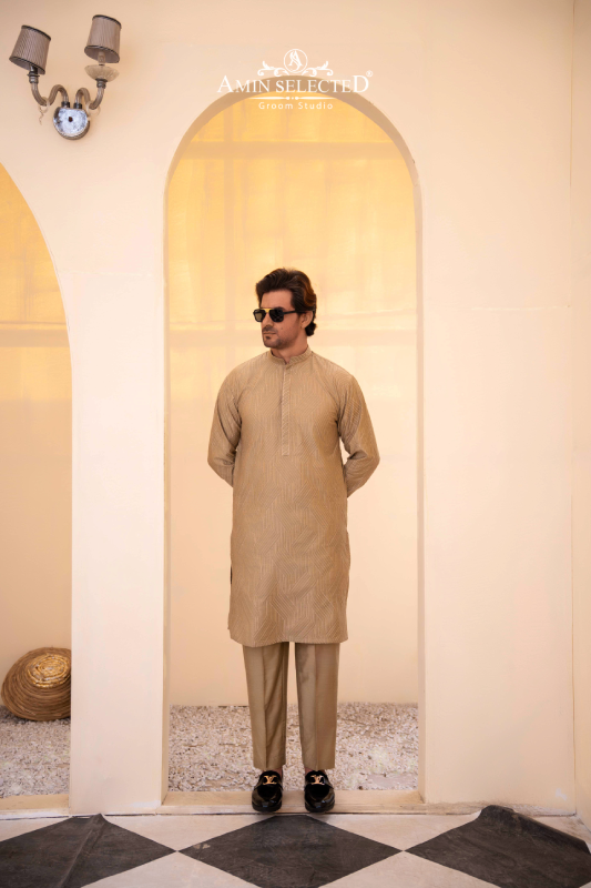 Camel Cotton Embroidered Kurta Pajama - Amin Selected 