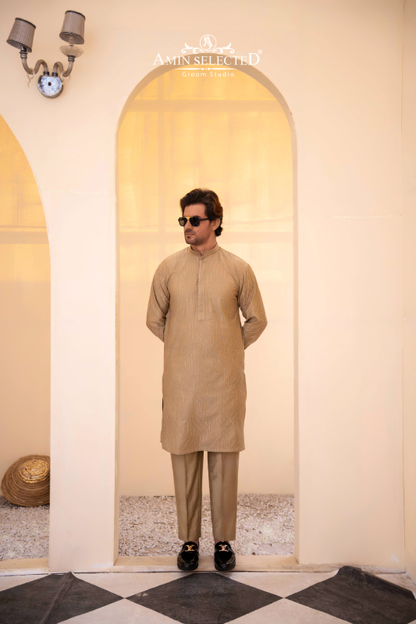 Camel Cotton Embroidered Kurta Pajama - Amin Selected 