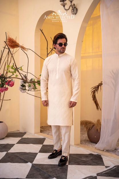 Off-White Embroidered Kurta Pajama - Amin Selected 