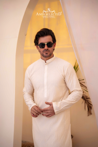 Off-White Embroidered Kurta Pajama - Amin Selected 