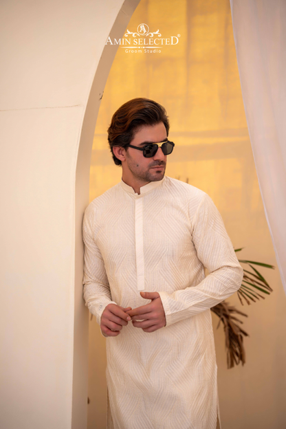 Off-White Embroidered Kurta Pajama - Amin Selected 